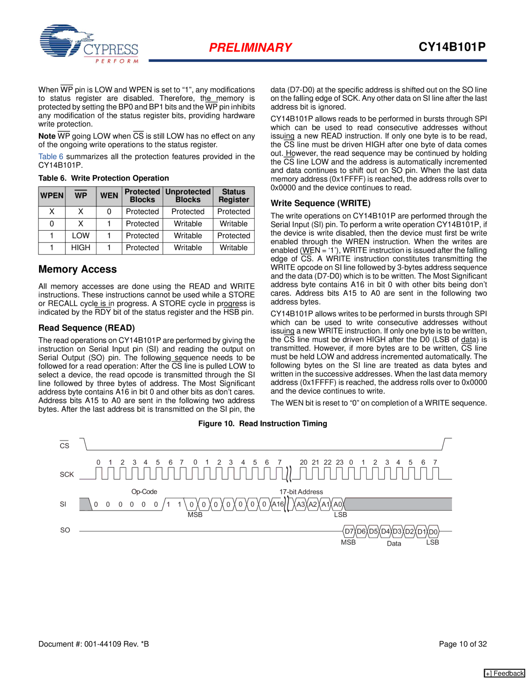 Cypress CY14B101P manual Memory Access, Read Sequence Read, Write Sequence Write, Wpen WEN 