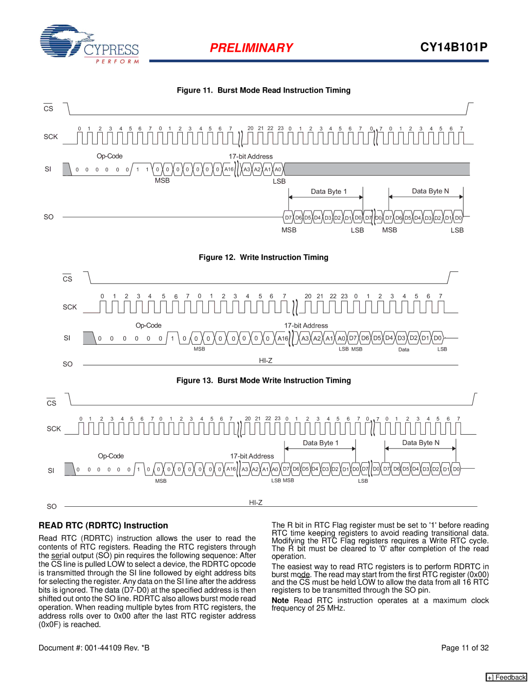 Cypress CY14B101P manual Read RTC Rdrtc Instruction, Burst Mode Read Instruction Timing 