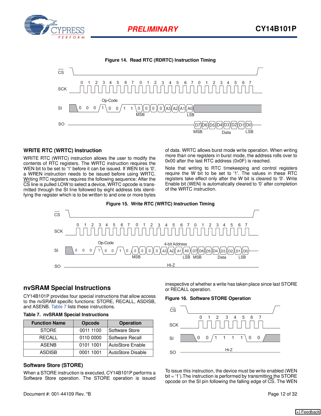 Cypress CY14B101P manual NvSRAM Special Instructions, Write RTC Wrtc Instruction, Software Store Store, AutoStore Disable 