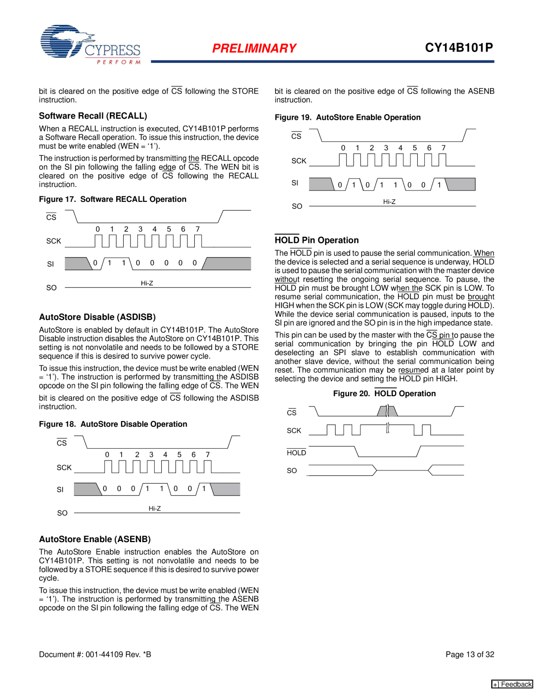 Cypress CY14B101P manual Software Recall Recall, AutoStore Disable Asdisb, AutoStore Enable Asenb, Hold Pin Operation 