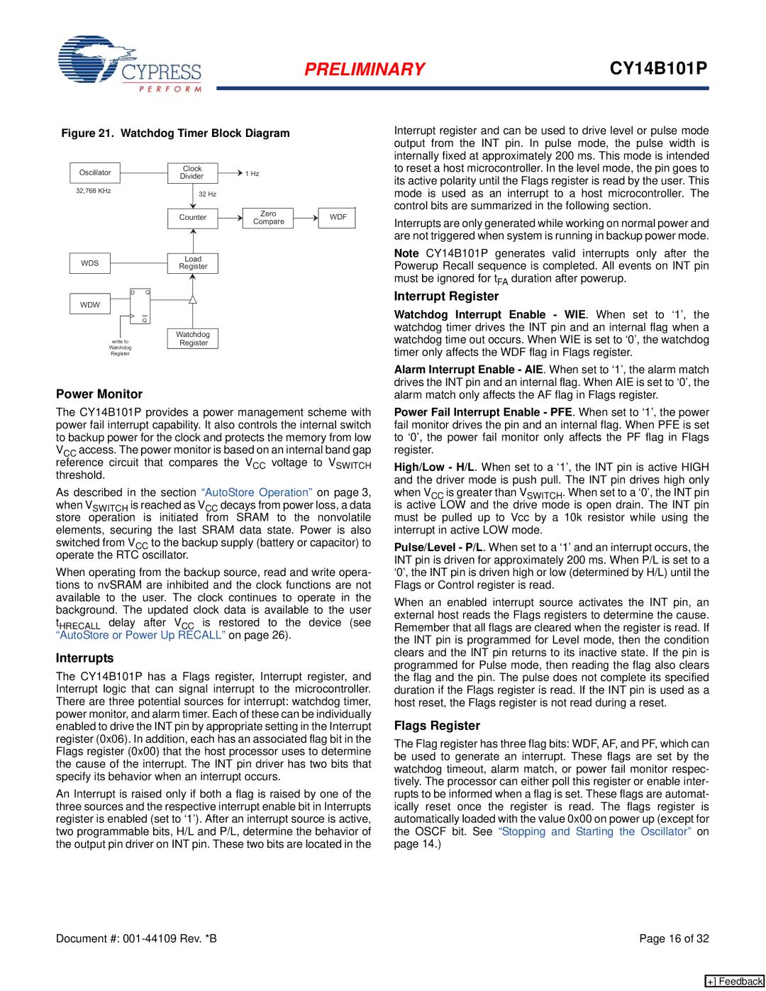 Cypress CY14B101P manual Interrupt Register, Power Monitor, Interrupts, Flags Register 
