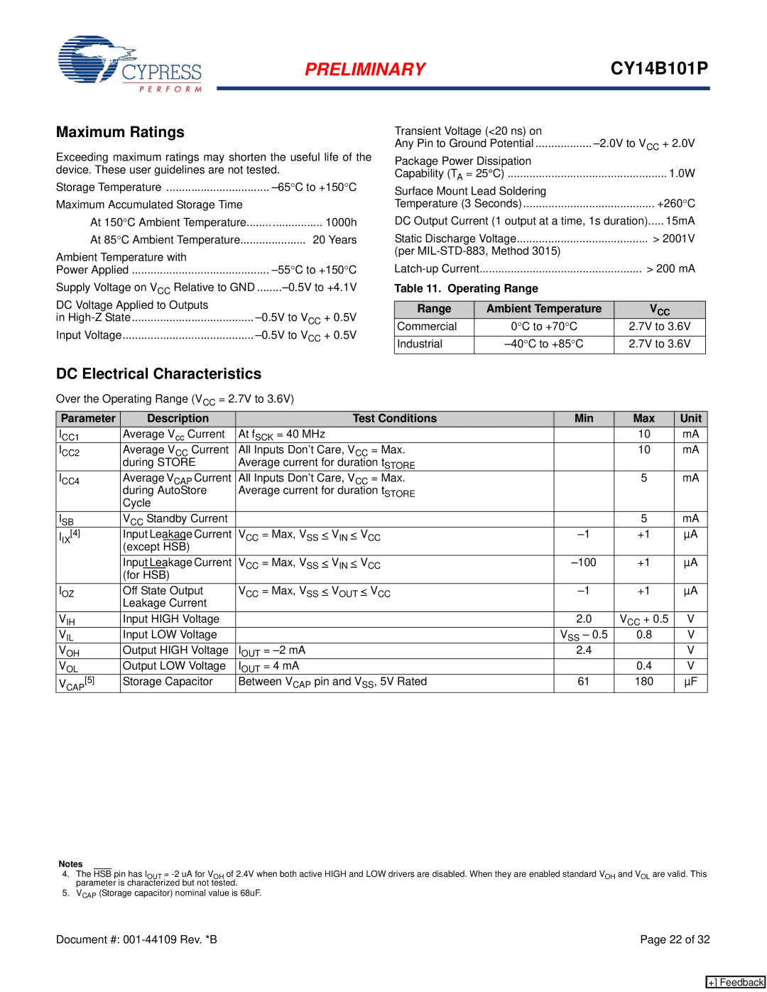 Cypress CY14B101P manual Maximum Ratings, DC Electrical Characteristics, Operating Range 