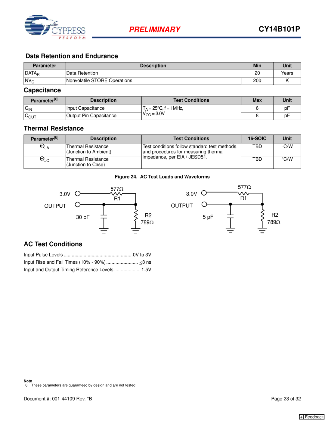 Cypress CY14B101P manual Data Retention and Endurance, Capacitance, Thermal Resistance, AC Test Conditions, Soic 