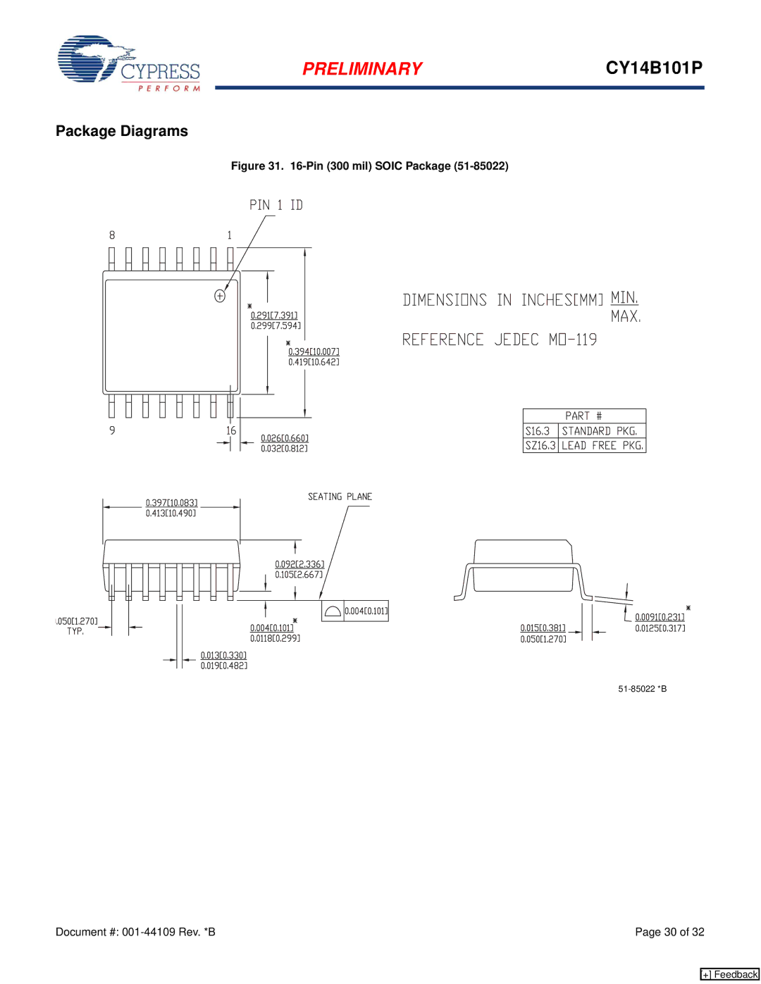 Cypress CY14B101P manual Package Diagrams, Pin 300 mil Soic Package 