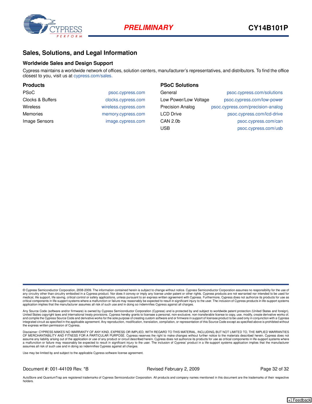 Cypress CY14B101P Sales, Solutions, and Legal Information, Worldwide Sales and Design Support Products PSoC Solutions, Usb 