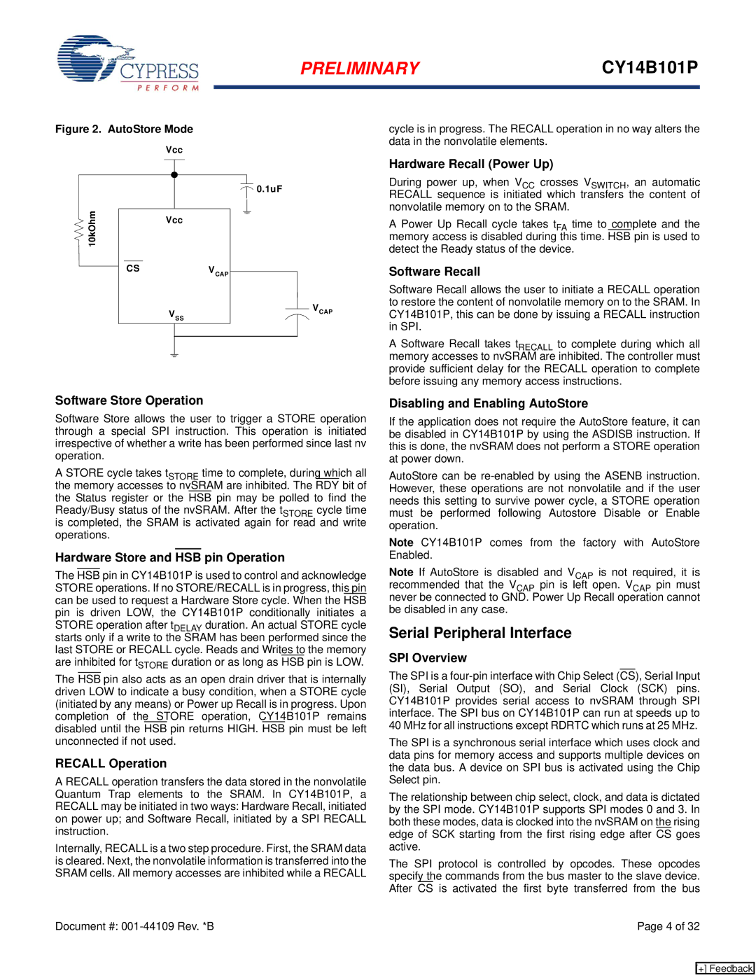Cypress CY14B101P manual Serial Peripheral Interface 