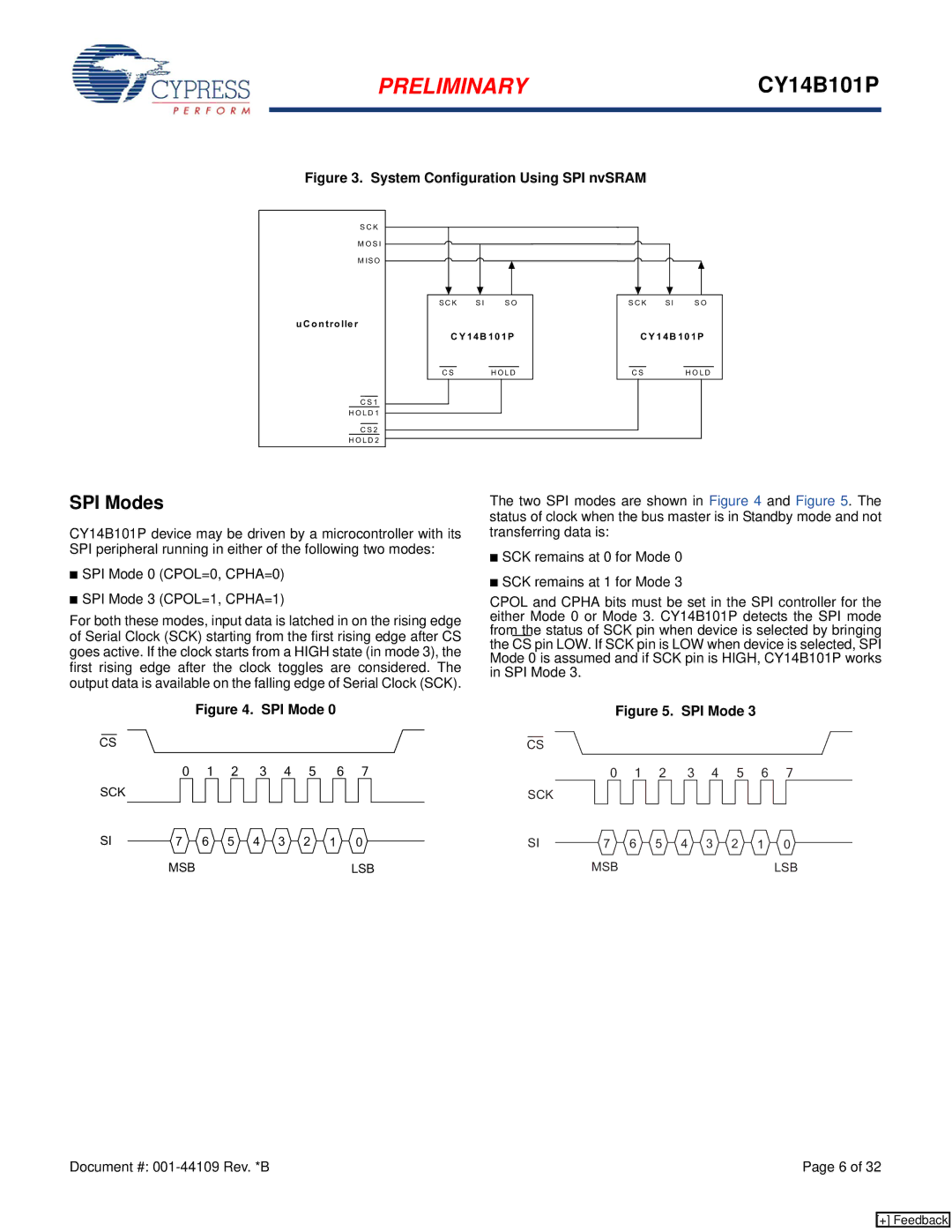 Cypress CY14B101P manual SPI Modes, System Configuration Using SPI nvSRAM 