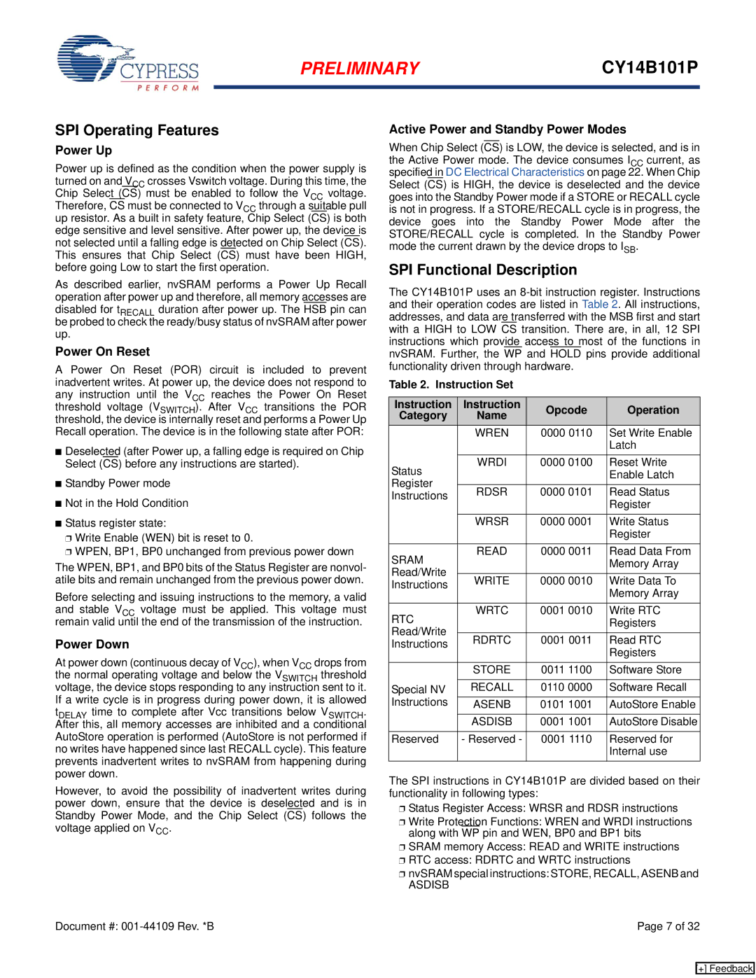 Cypress CY14B101P manual SPI Operating Features, SPI Functional Description 