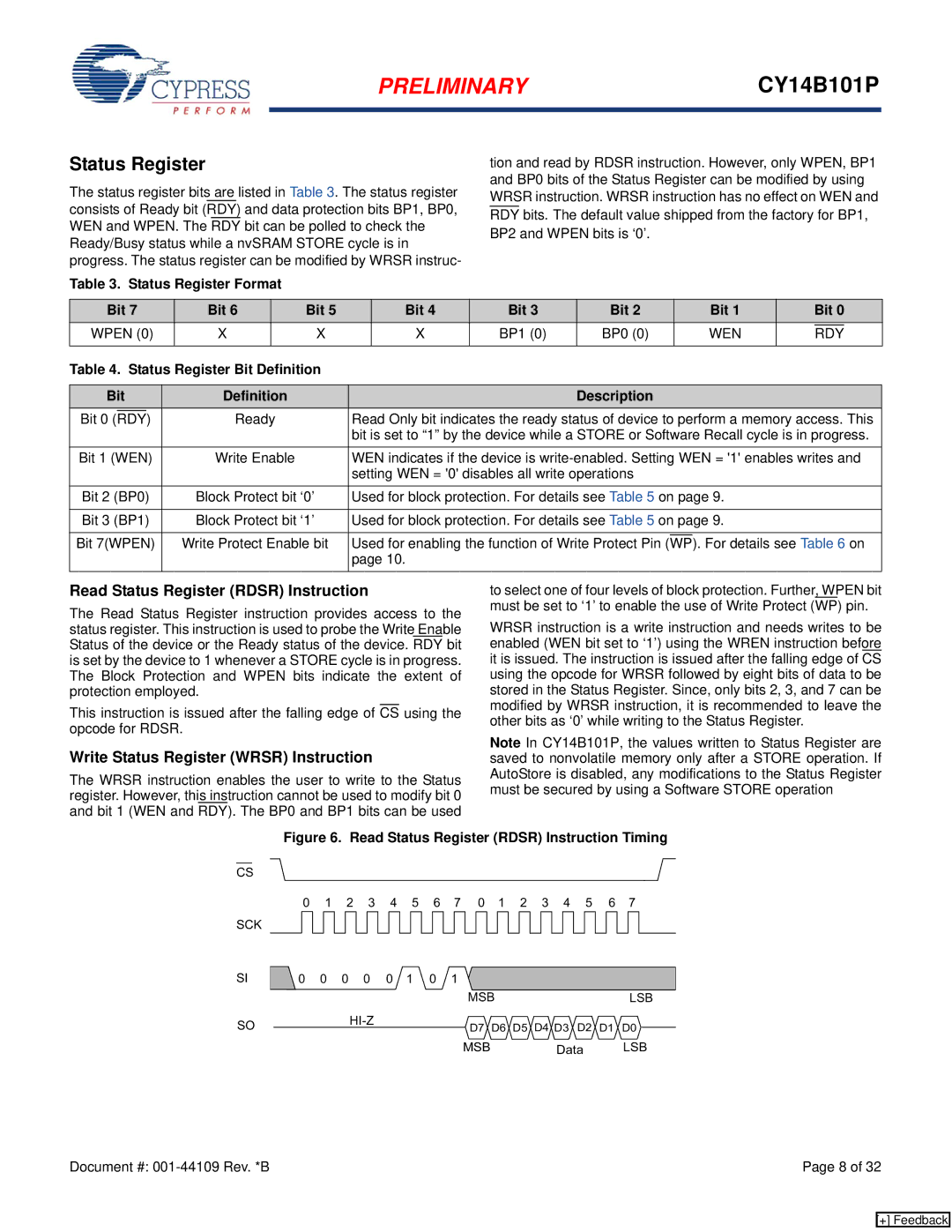Cypress CY14B101P manual Read Status Register Rdsr Instruction, Write Status Register Wrsr Instruction 