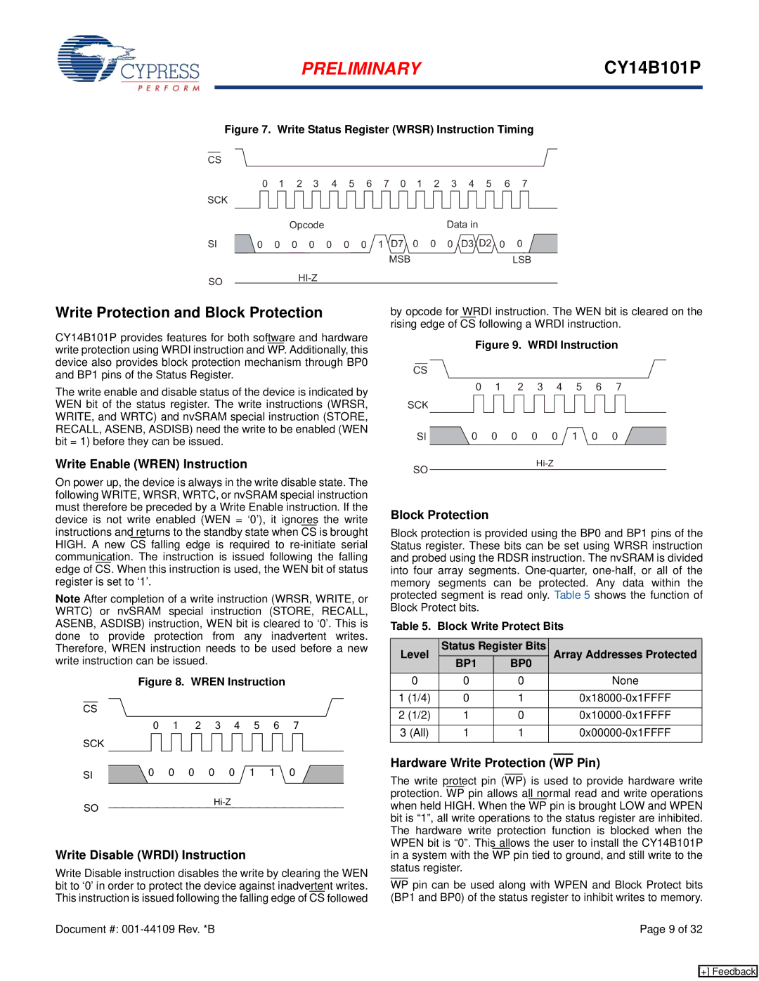 Cypress CY14B101P Write Protection and Block Protection, Write Enable Wren Instruction, Write Disable Wrdi Instruction 