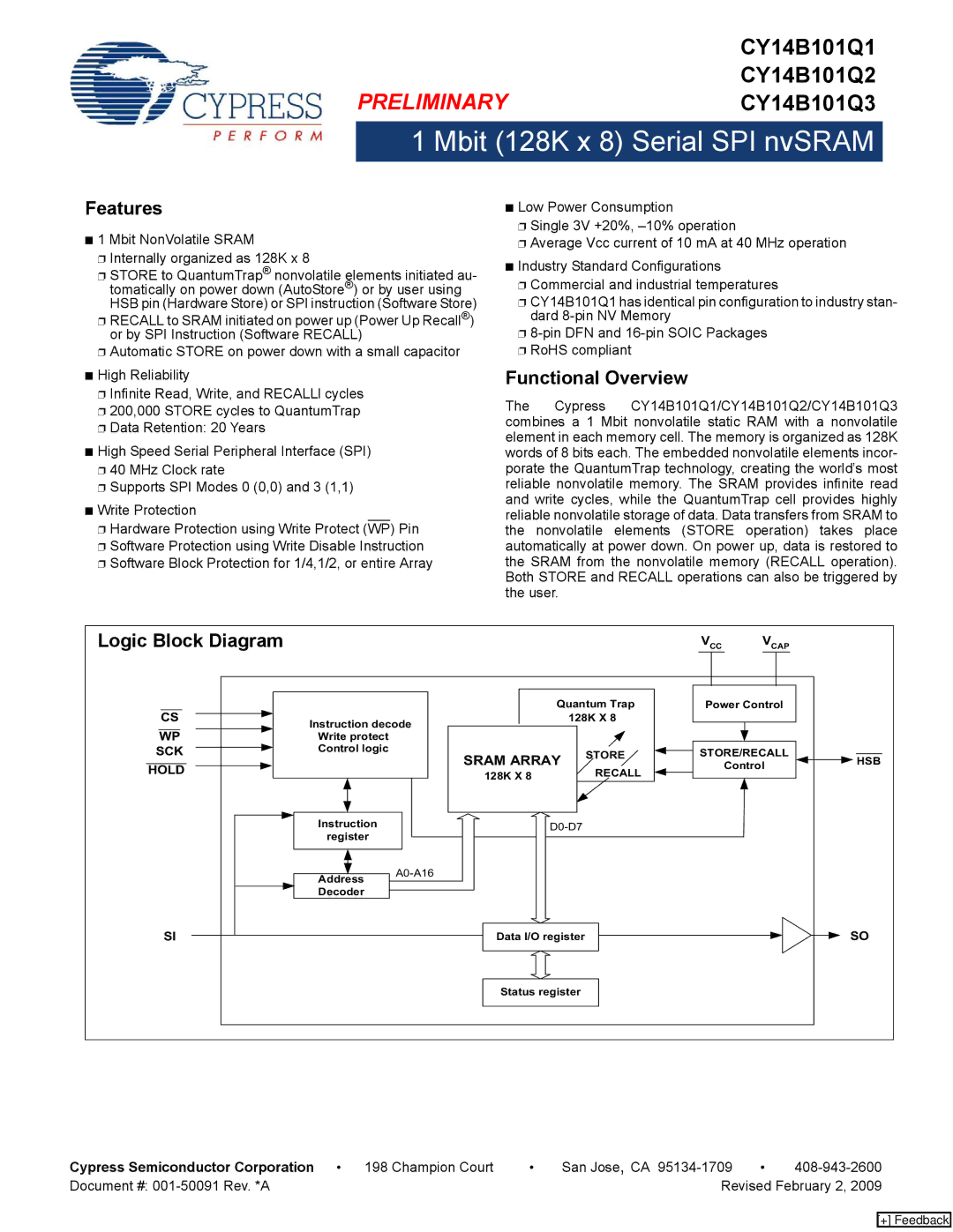 Cypress CY14B101Q1, CY14B101Q3, CY14B101Q2 manual Features, Functional Overview, Logic Block Diagram 