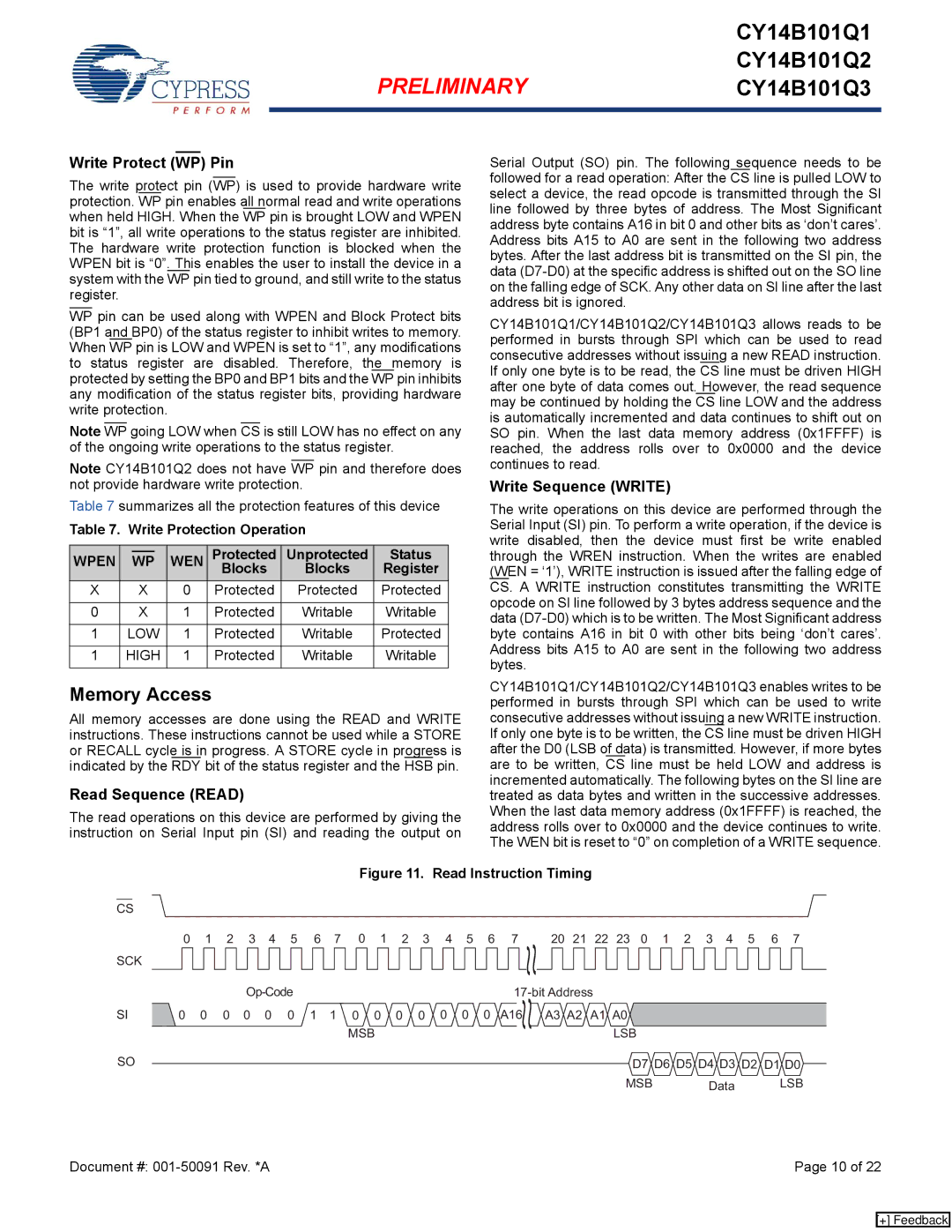 Cypress CY14B101Q1, CY14B101Q3 Memory Access, Write Protect WP Pin, Read Sequence Read, Write Sequence Write, Wpen WEN 