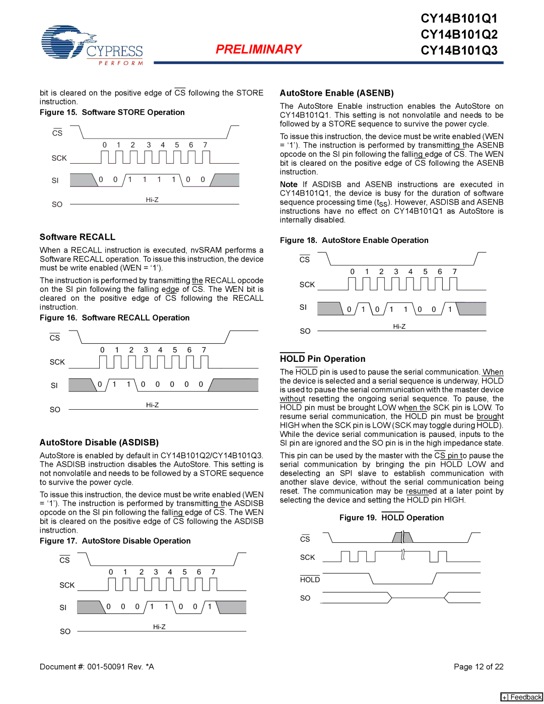 Cypress CY14B101Q3, CY14B101Q1, CY14B101Q2 manual AutoStore Disable Asdisb, AutoStore Enable Asenb, Hold Pin Operation 