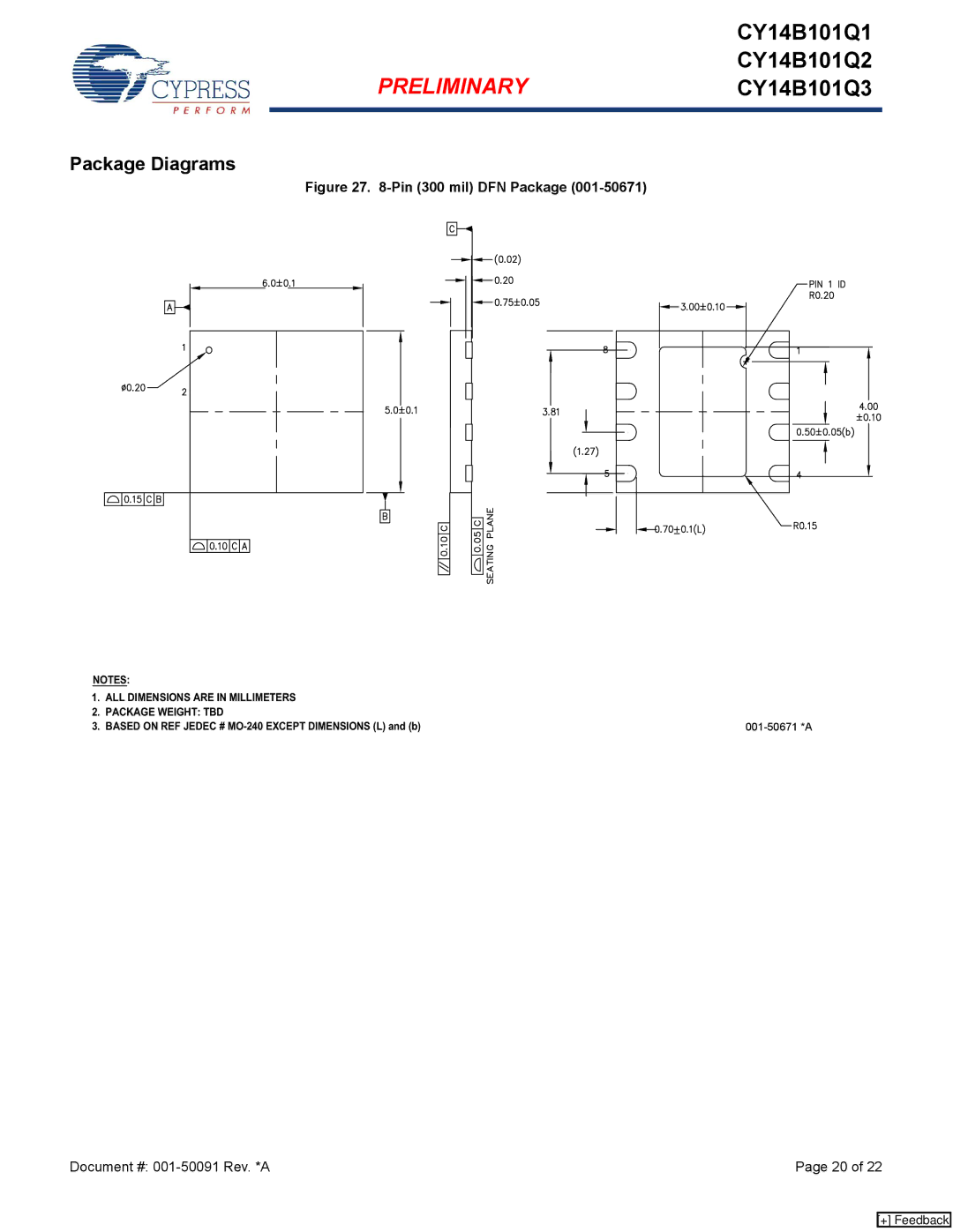 Cypress CY14B101Q2, CY14B101Q3, CY14B101Q1 manual Package Diagrams, Pin 300 mil DFN Package 