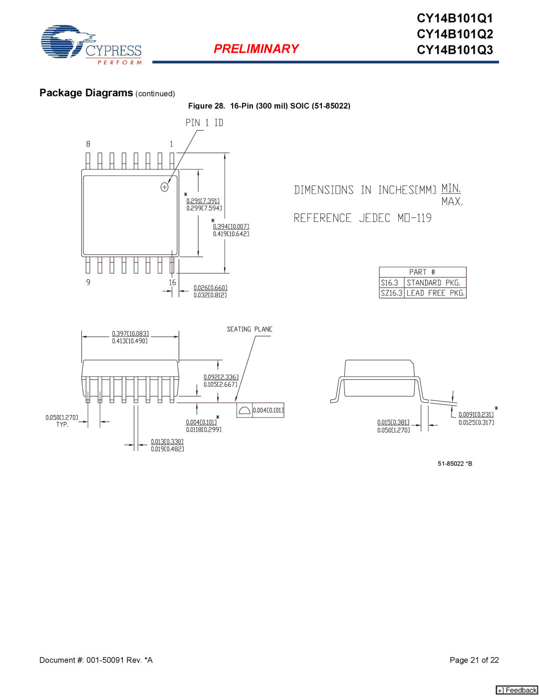 Cypress CY14B101Q3, CY14B101Q1, CY14B101Q2 manual Pin 300 mil Soic 