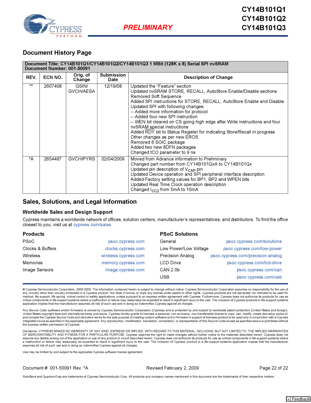 Cypress CY14B101Q1, CY14B101Q3, CY14B101Q2 manual Document History, Sales, Solutions, and Legal Information, REV ECN no 