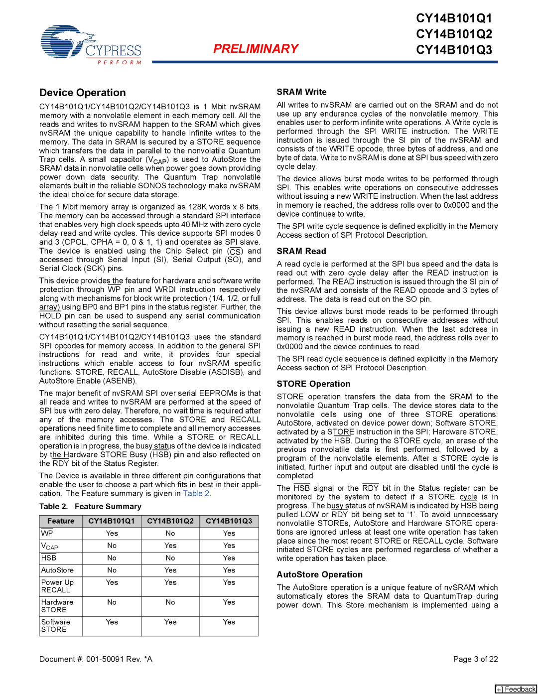 Cypress CY14B101Q3, CY14B101Q1, CY14B101Q2 manual Device Operation, Sram Write, Sram Read, AutoStore Operation 