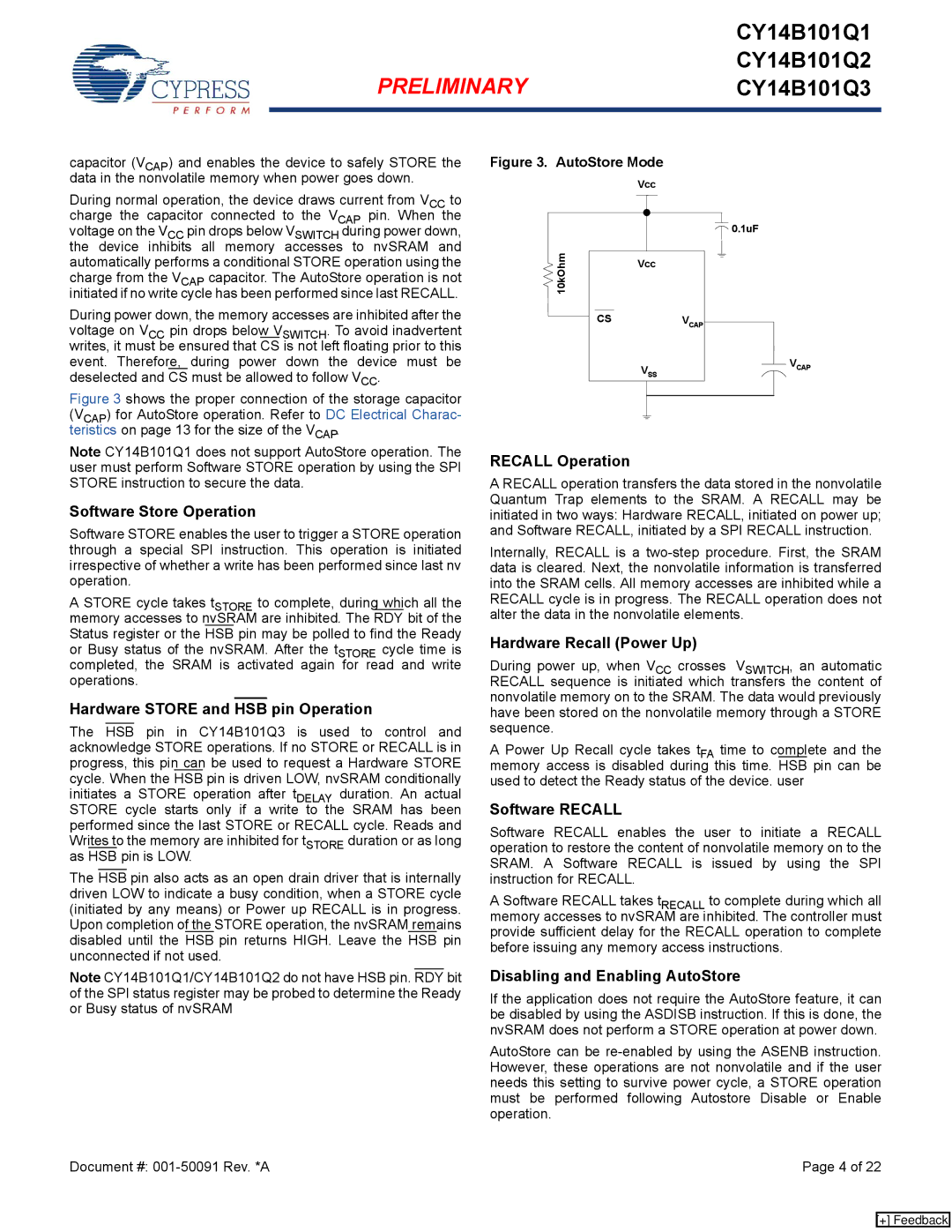 Cypress CY14B101Q1 manual Software Store Operation, Hardware Store and HSB pin Operation, Recall Operation, Software Recall 