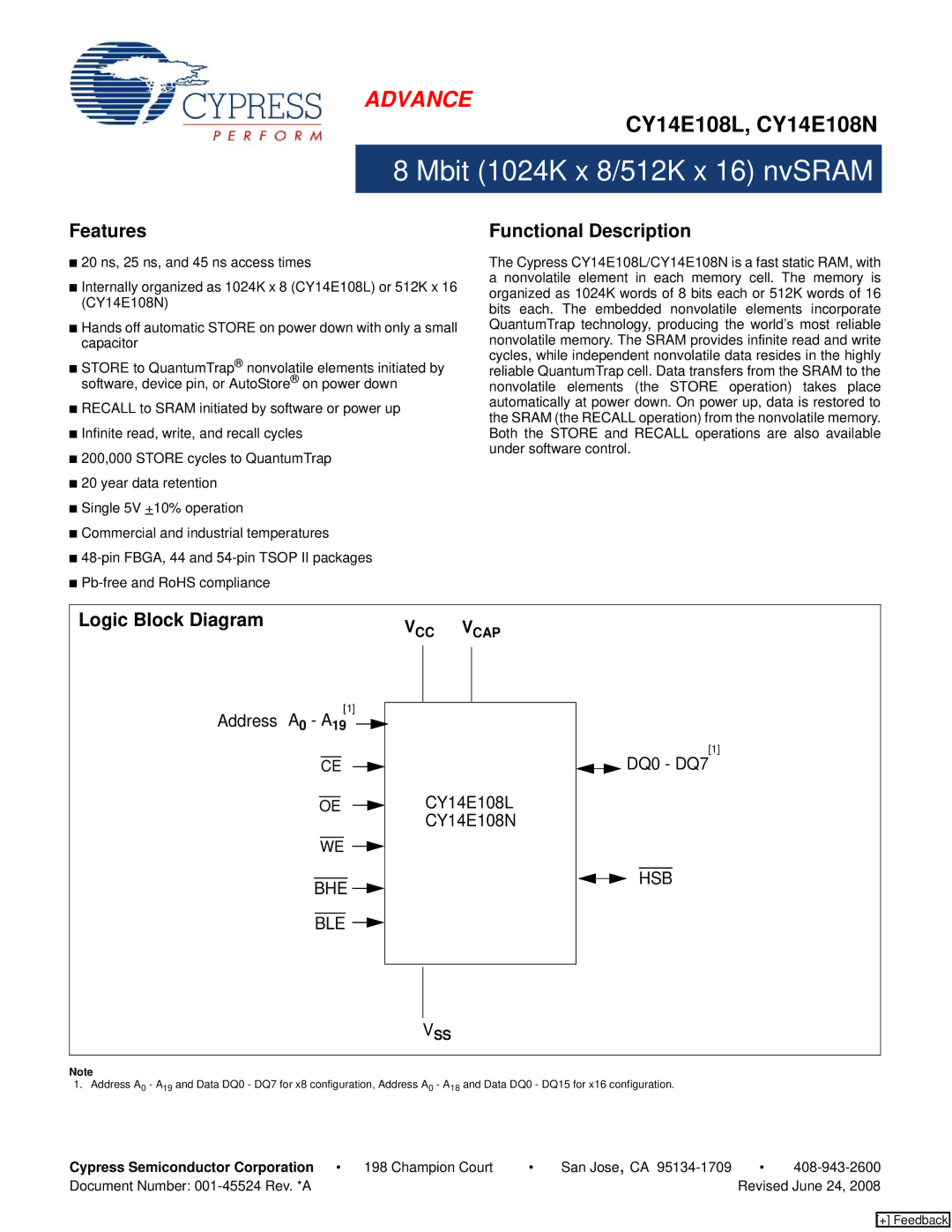 Cypress CY14E108N, CY14B102N manual Features, Functional Description, Logic Block Diagram 