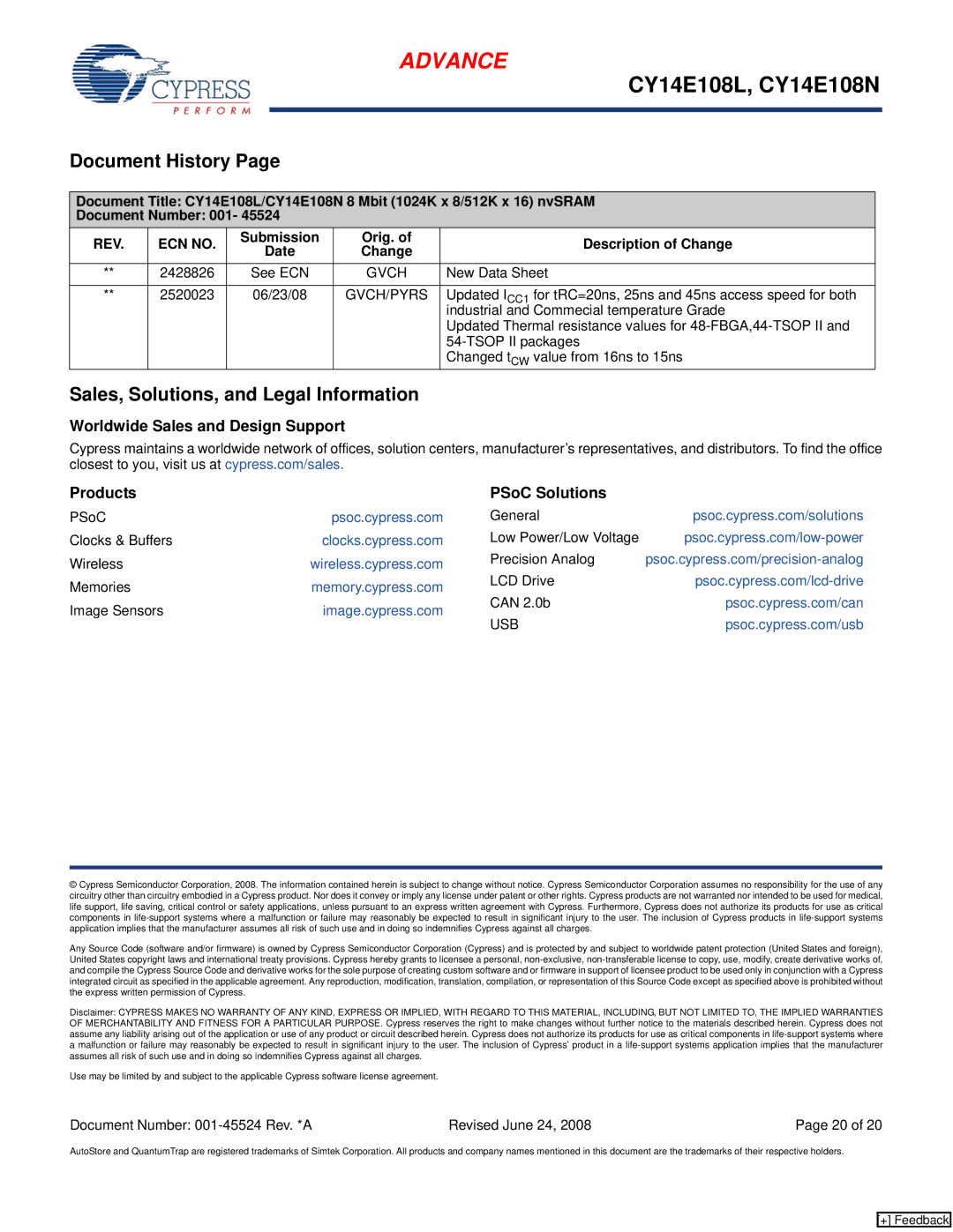 Cypress CY14B102N Document History, Sales, Solutions, and Legal Information, Submission Orig. Description of Change Date 