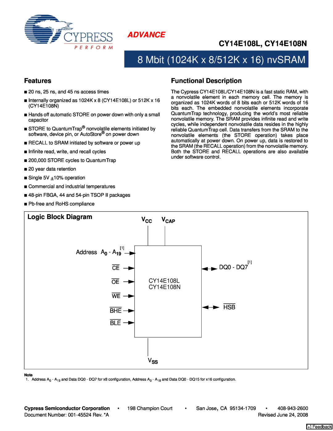 Cypress manual Advance, CY14E108L, CY14E108N, Features, Functional Description, Logic Block Diagram, Address A0 - A191 