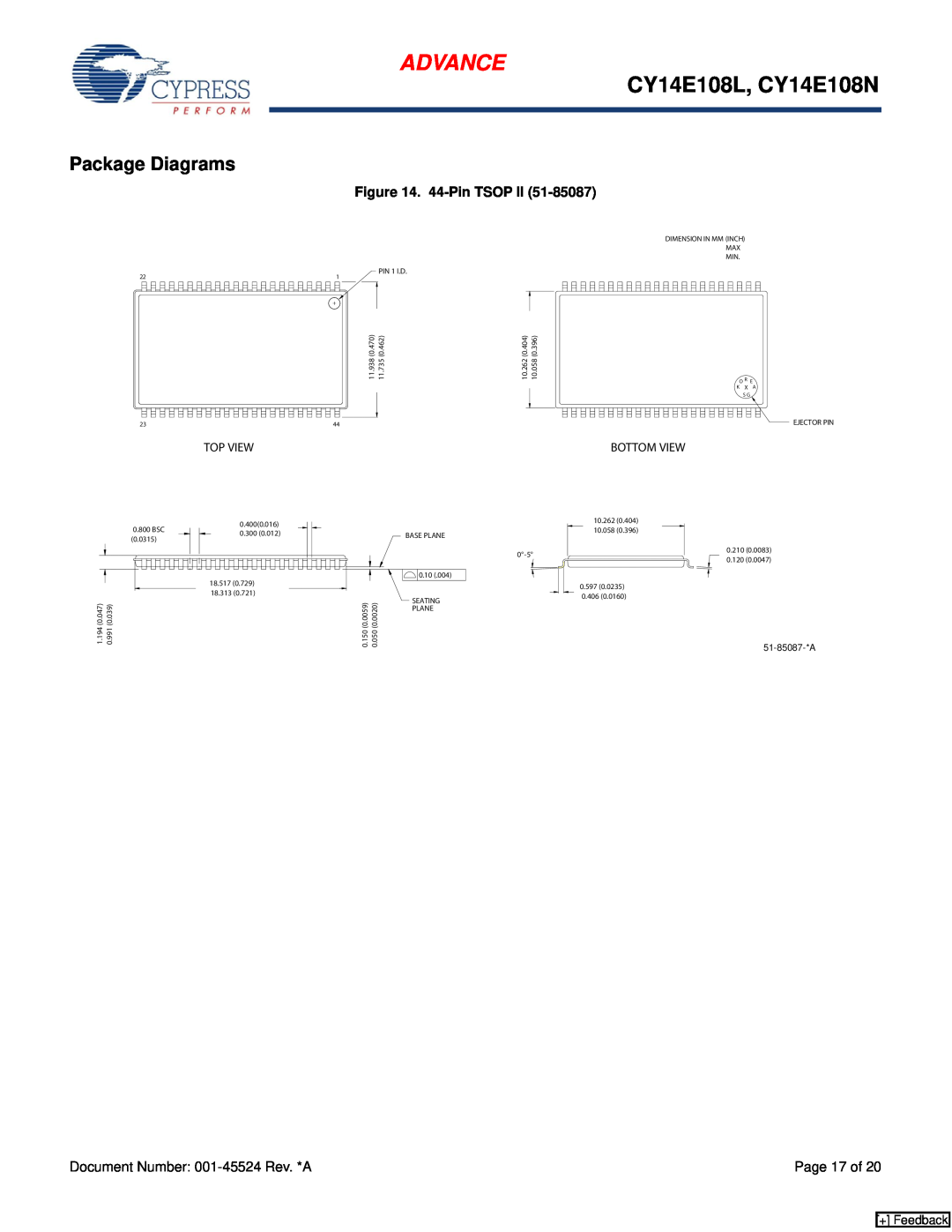 Cypress CY14B102N manual Package Diagrams, Advance, CY14E108L, CY14E108N, 44-Pin TSOP II, + Feedback 