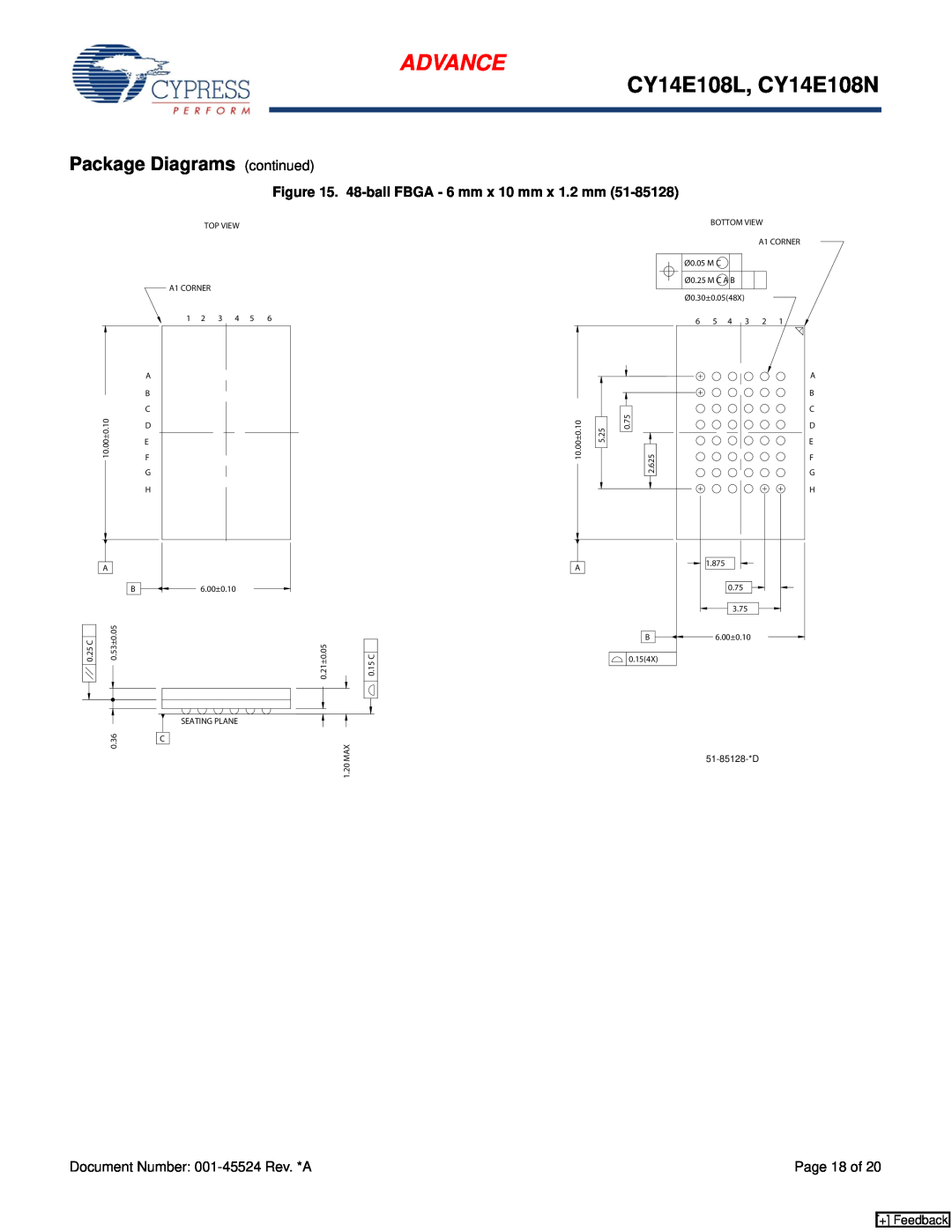 Cypress CY14B102N manual Package Diagrams continued, Advance, CY14E108L, CY14E108N, 48-ball FBGA - 6 mm x 10 mm x 1.2 mm 
