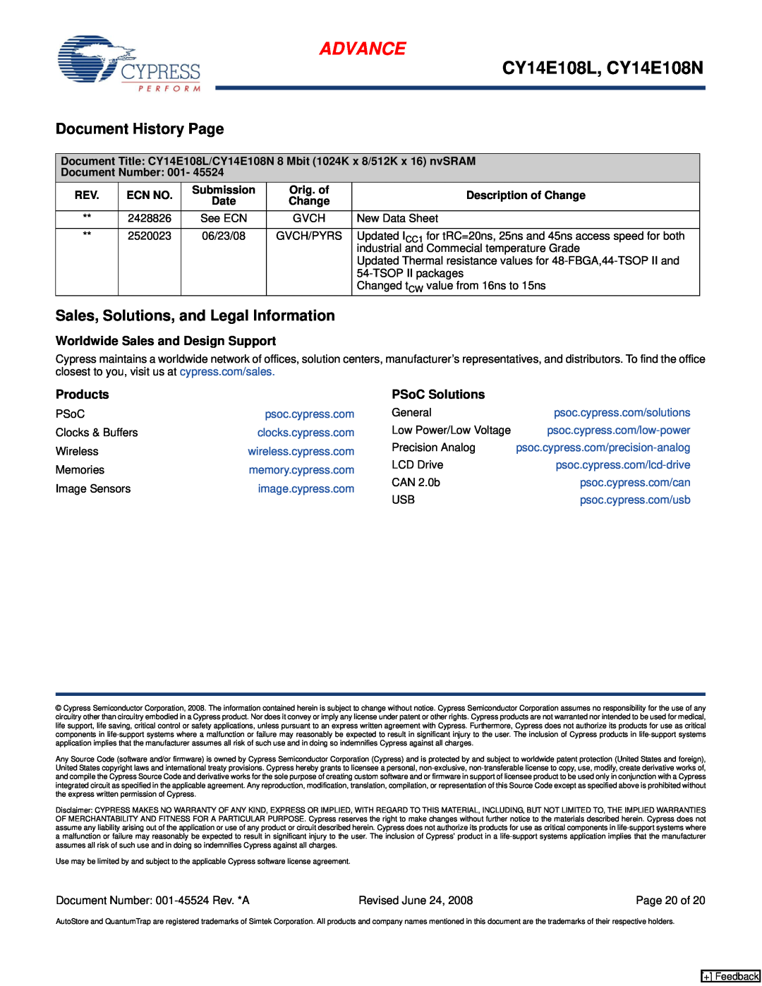 Cypress CY14B102N manual Document History Page, Sales, Solutions, and Legal Information, Worldwide Sales and Design Support 