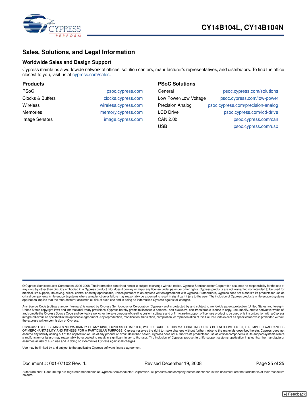 Cypress CY14B104N, CY14B104L manual Sales, Solutions, and Legal Information, Usb 