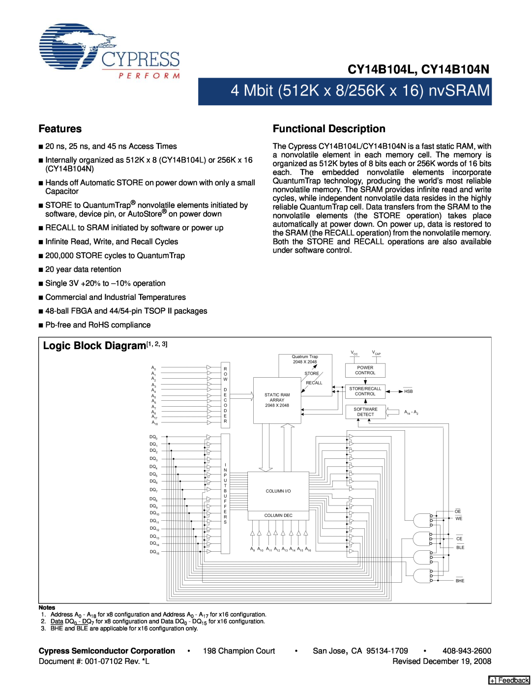 Cypress manual CY14B104L, CY14B104N, Features, Functional Description, Logic Block Diagram1, 2 