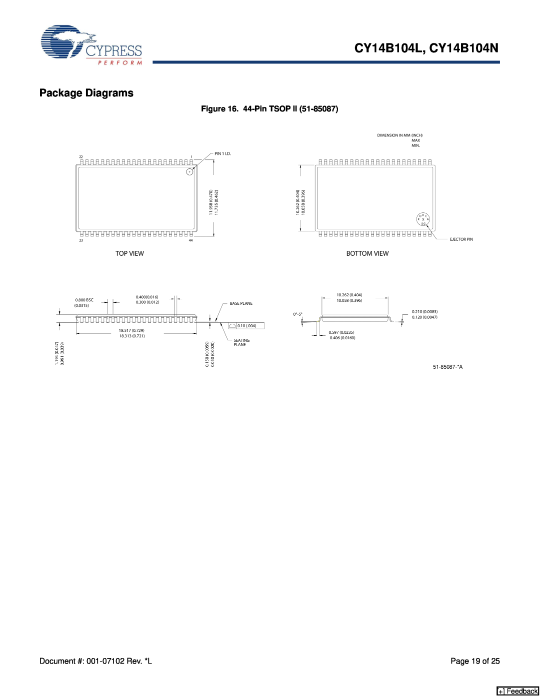 Cypress manual Package Diagrams, 44-Pin TSOP II, CY14B104L, CY14B104N, + Feedback 