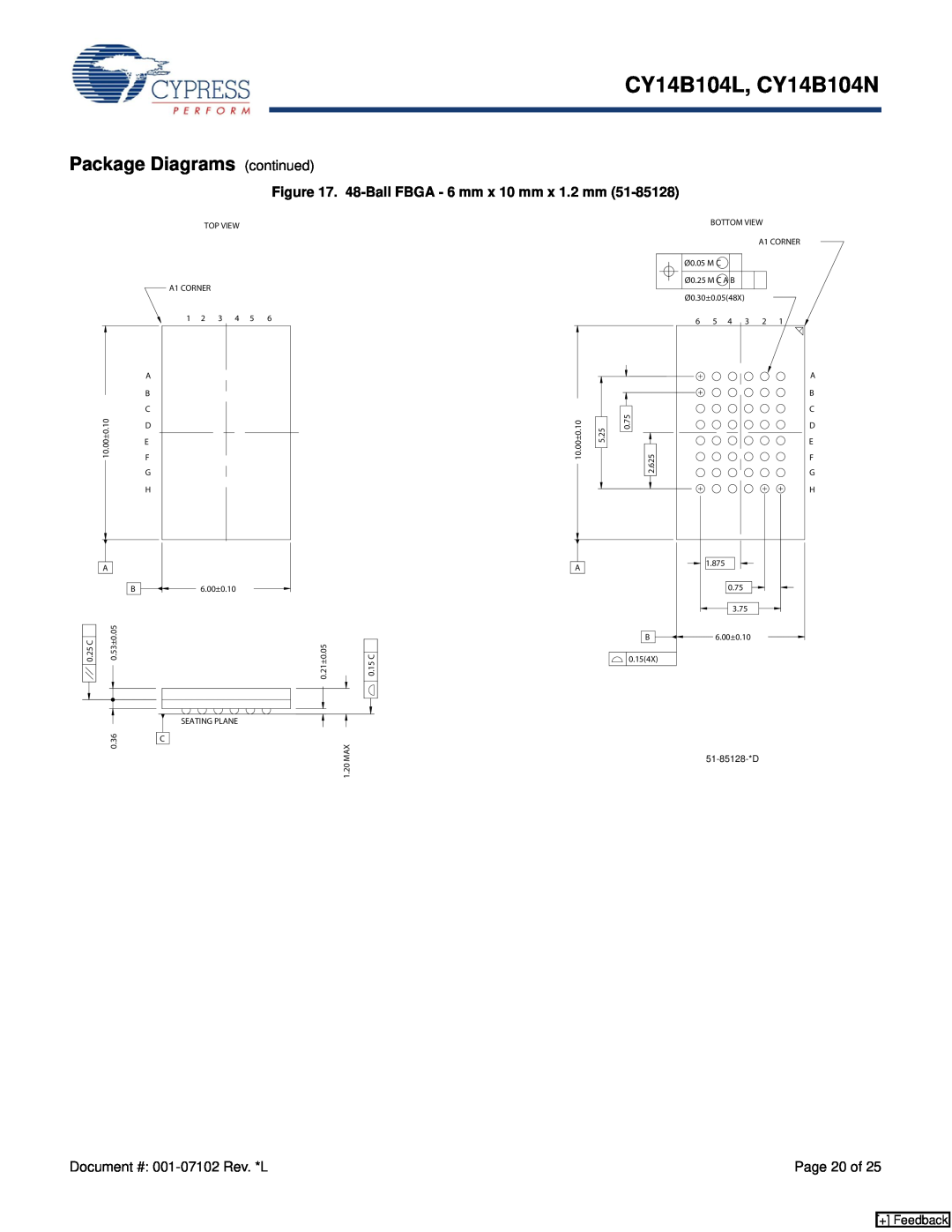 Cypress manual Package Diagrams continued, 48-Ball FBGA - 6 mm x 10 mm x 1.2 mm, CY14B104L, CY14B104N, + Feedback 