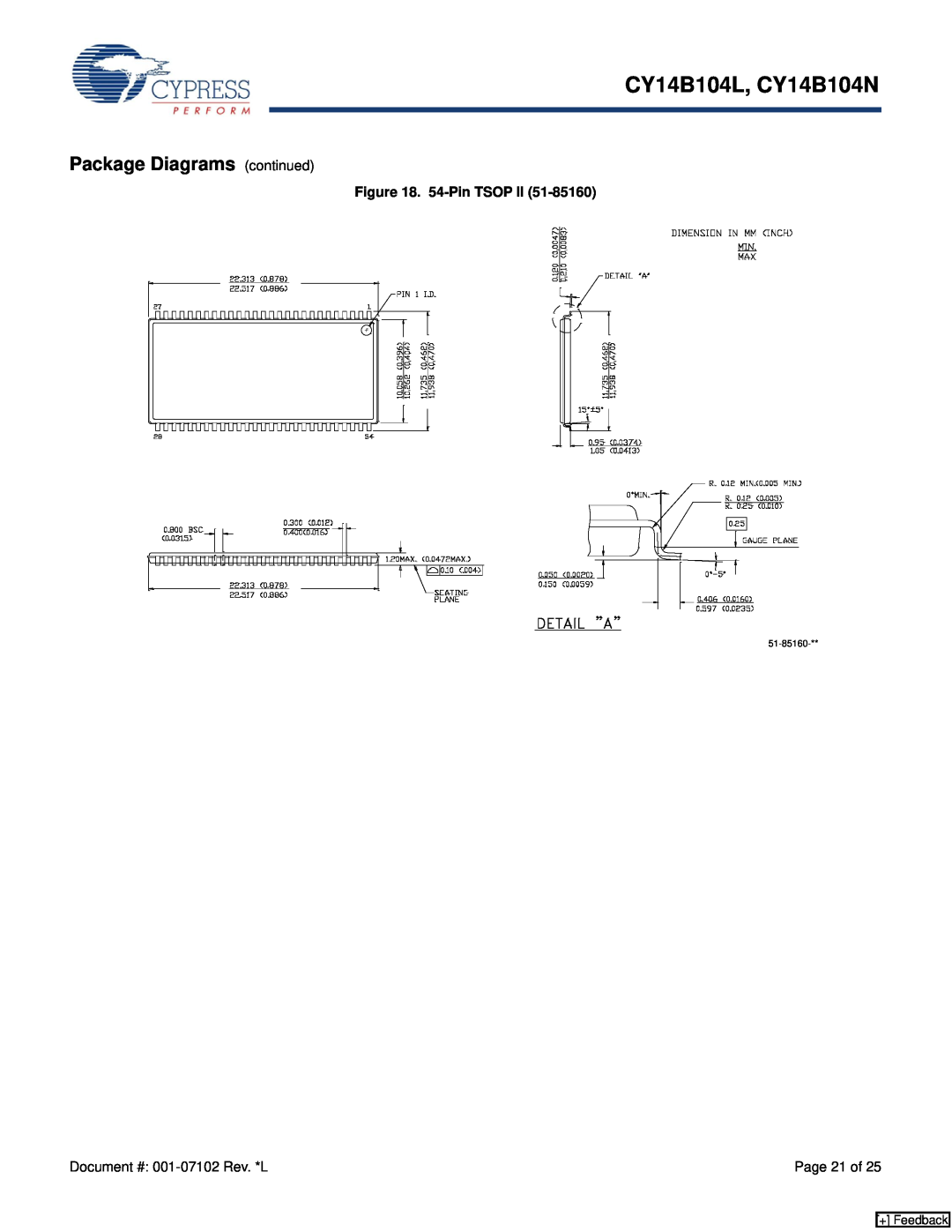 Cypress manual 54-Pin TSOP II, CY14B104L, CY14B104N, Package Diagrams continued, Page 21 of, + Feedback 