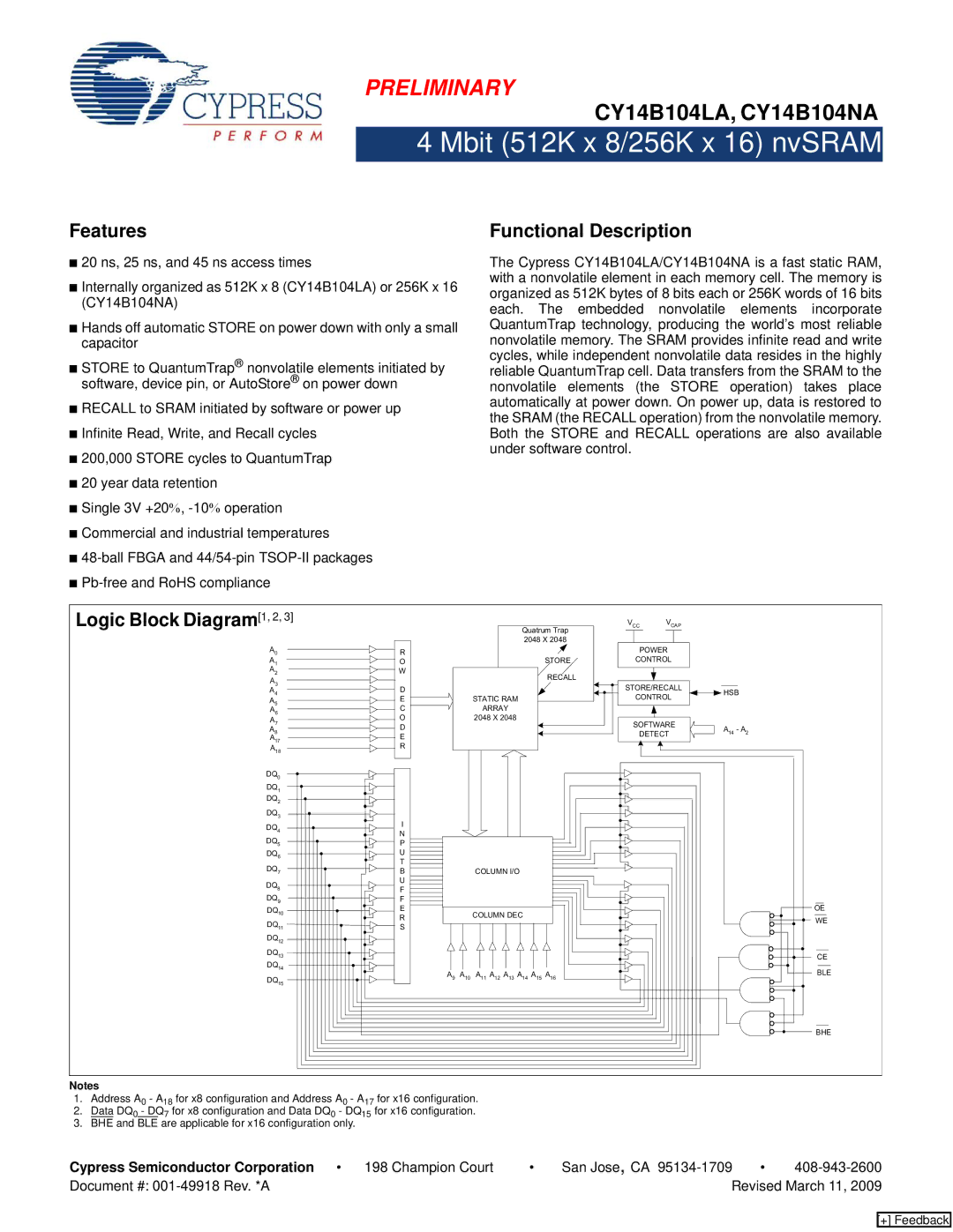 Cypress CY14B104NA, CY14B104LA manual Features, Functional Description, Logic Block Diagram1, 2 