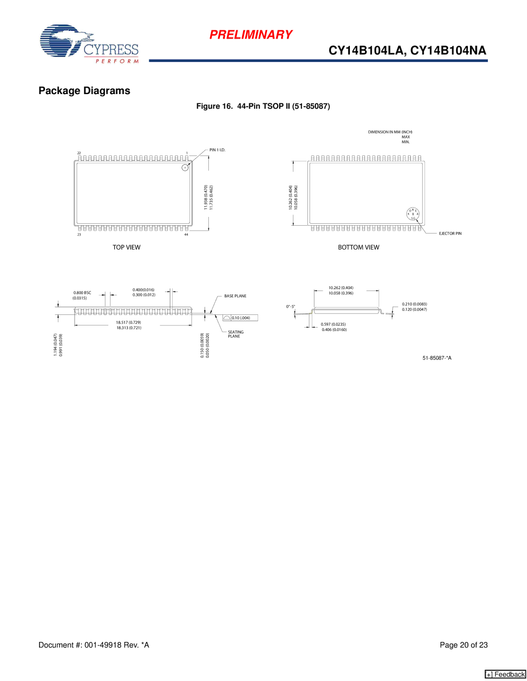 Cypress CY14B104LA, CY14B104NA manual Package Diagrams, TOP View 