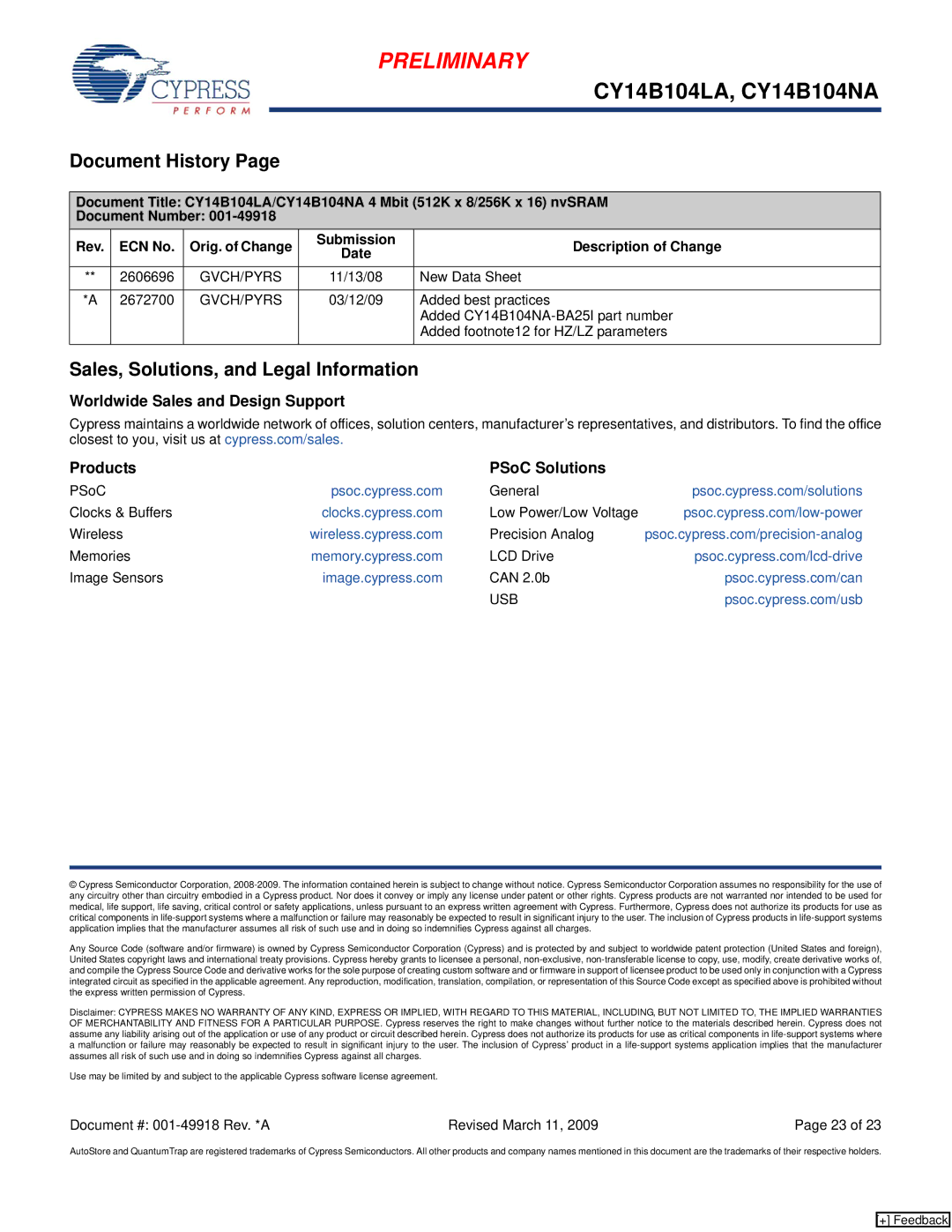 Cypress CY14B104NA, CY14B104LA manual Document History, Sales, Solutions, and Legal Information, Gvch/Pyrs, Usb 