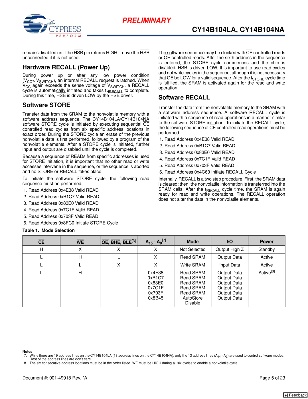 Cypress CY14B104NA manual Hardware Recall Power Up, Software Store, Software Recall, Mode Selection, A15 A07 Mode Power 