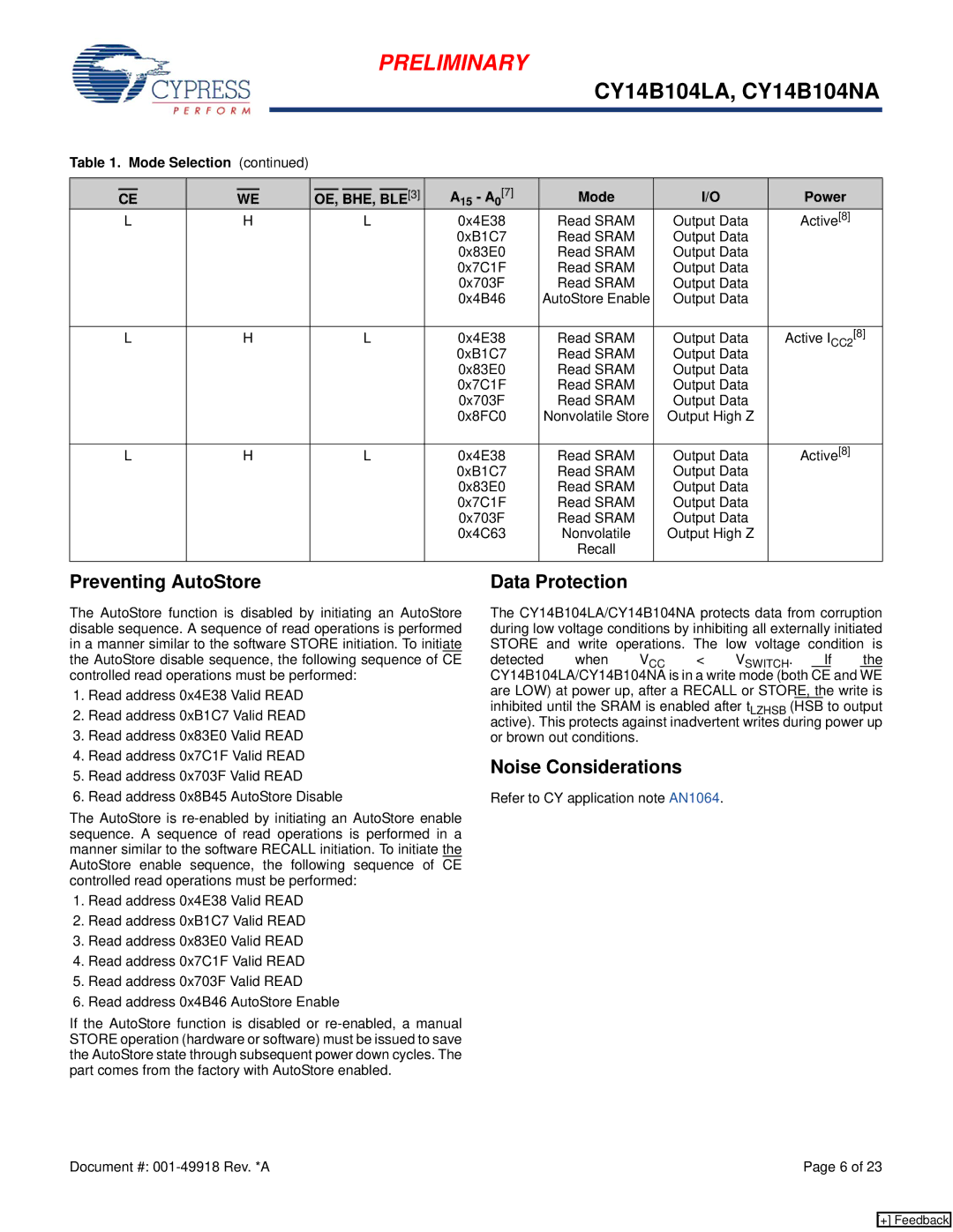 Cypress CY14B104LA, CY14B104NA Preventing AutoStore, Data Protection, Noise Considerations, Mode Selection A15 A07 Power 