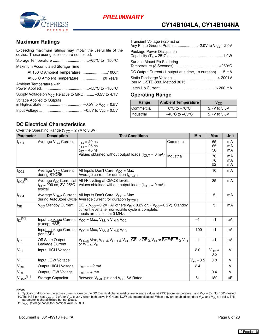 Cypress CY14B104LA, CY14B104NA manual Maximum Ratings, Operating Range, DC Electrical Characteristics 