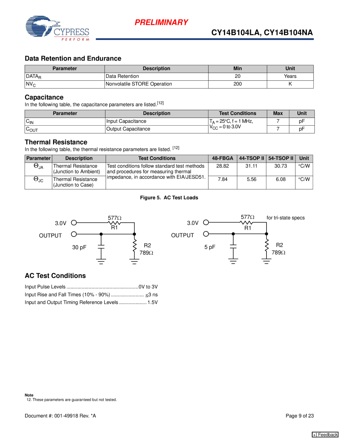 Cypress CY14B104NA, CY14B104LA manual Data Retention and Endurance, Capacitance, Thermal Resistance, AC Test Conditions 