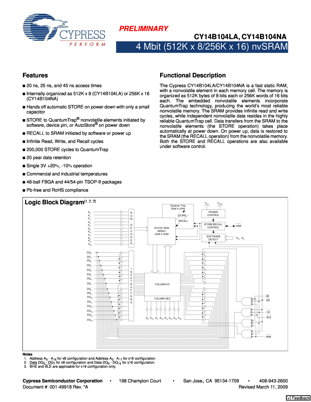 Cypress manual Preliminary, CY14B104LA, CY14B104NA, Features, Functional Description, Logic Block Diagram1, 2 