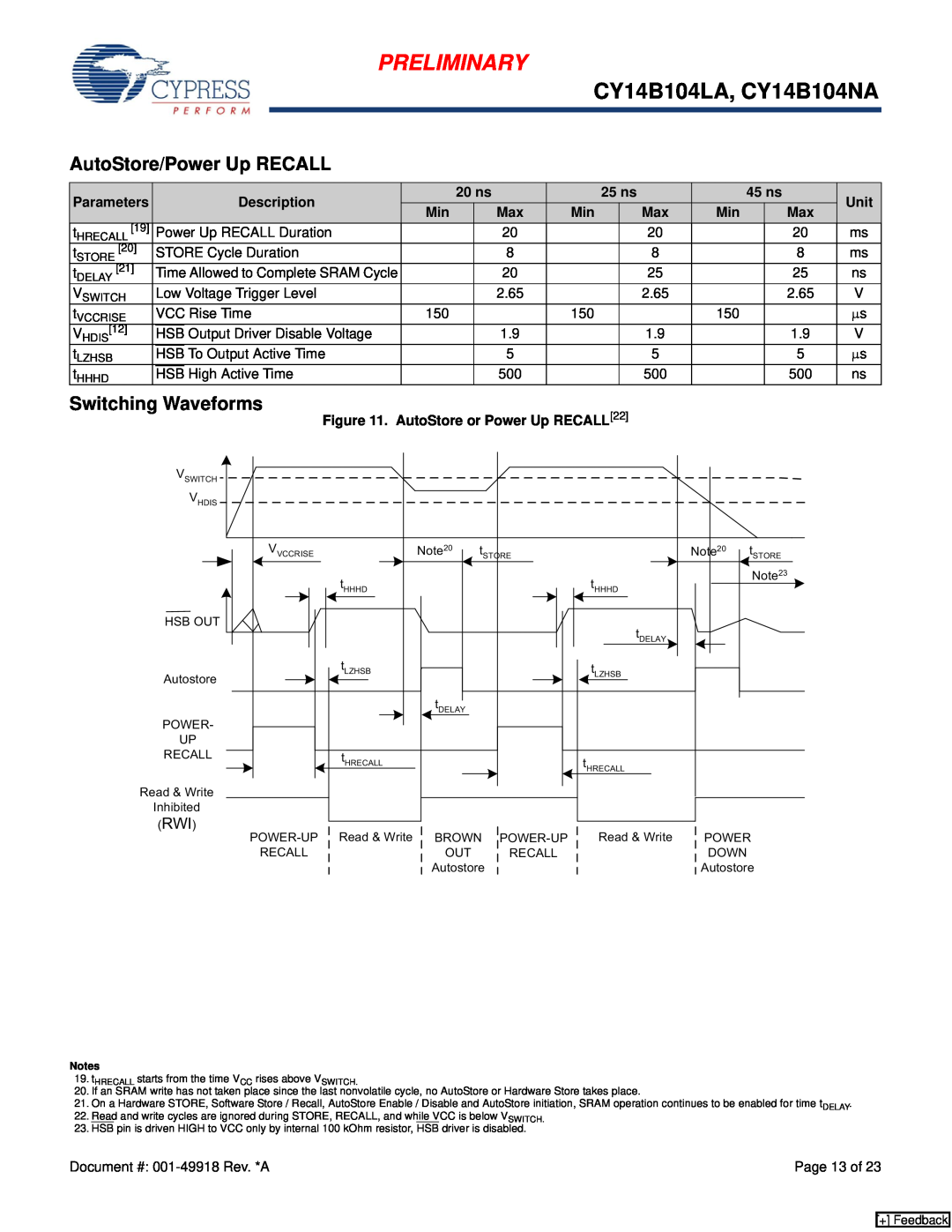 Cypress manual AutoStore/Power Up RECALL, Preliminary, CY14B104LA, CY14B104NA, Switching Waveforms 