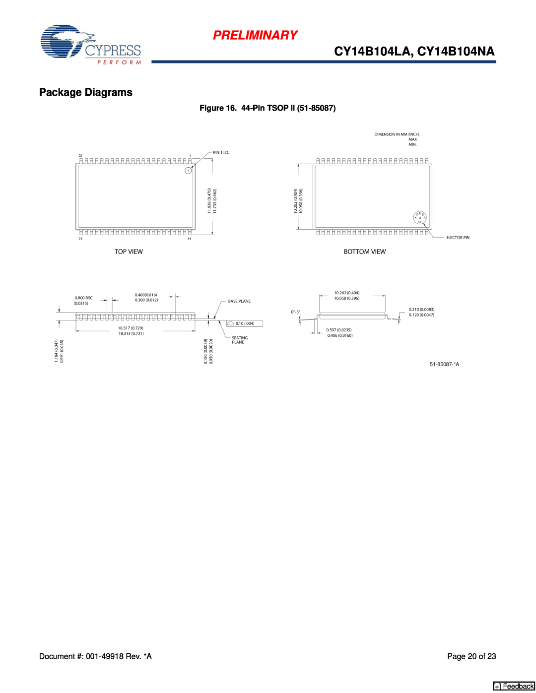 Cypress manual Package Diagrams, Preliminary, CY14B104LA, CY14B104NA, 44-Pin TSOP II, + Feedback 