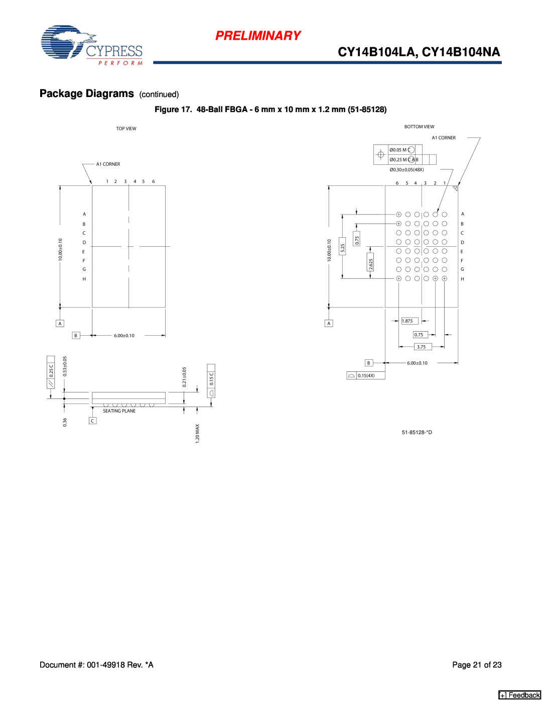 Cypress manual Package Diagrams continued, Preliminary, CY14B104LA, CY14B104NA, 48-Ball FBGA - 6 mm x 10 mm x 1.2 mm 