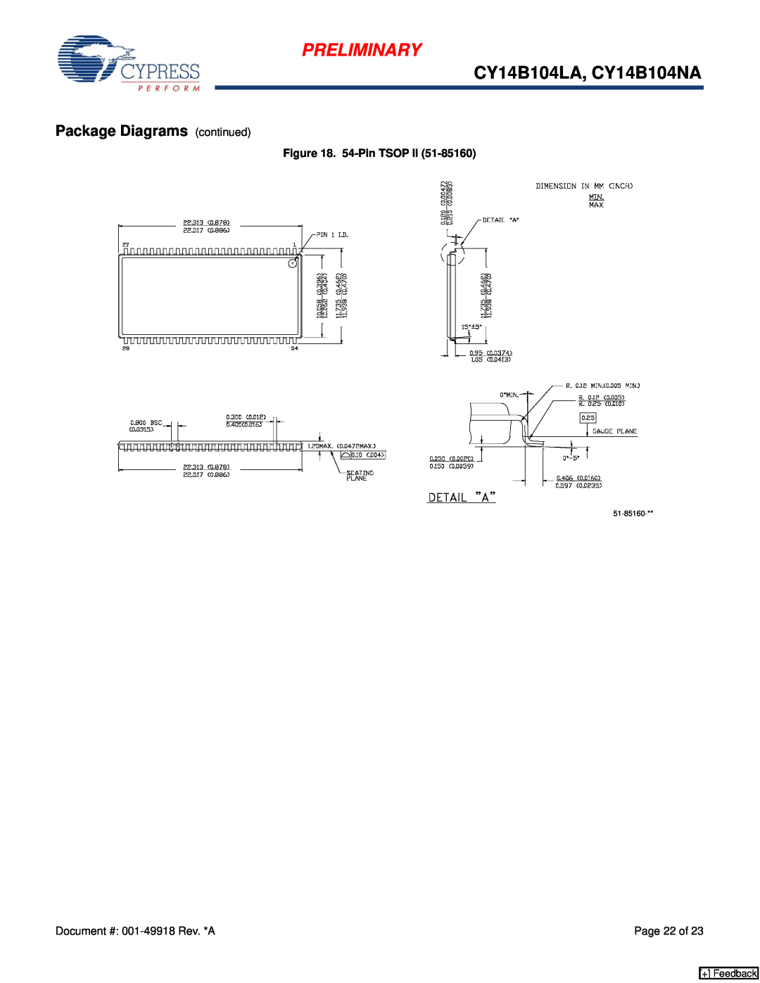 Cypress manual Preliminary, CY14B104LA, CY14B104NA, Package Diagrams continued, 54-Pin TSOP, Page 22 of, + Feedback 