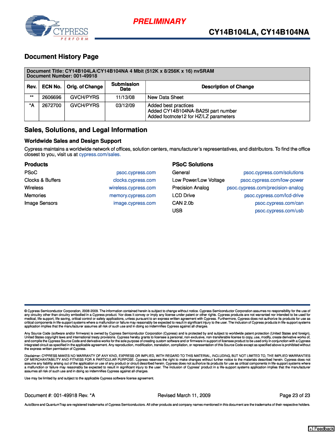 Cypress CY14B104NA Document History Page, Sales, Solutions, and Legal Information, Worldwide Sales and Design Support 