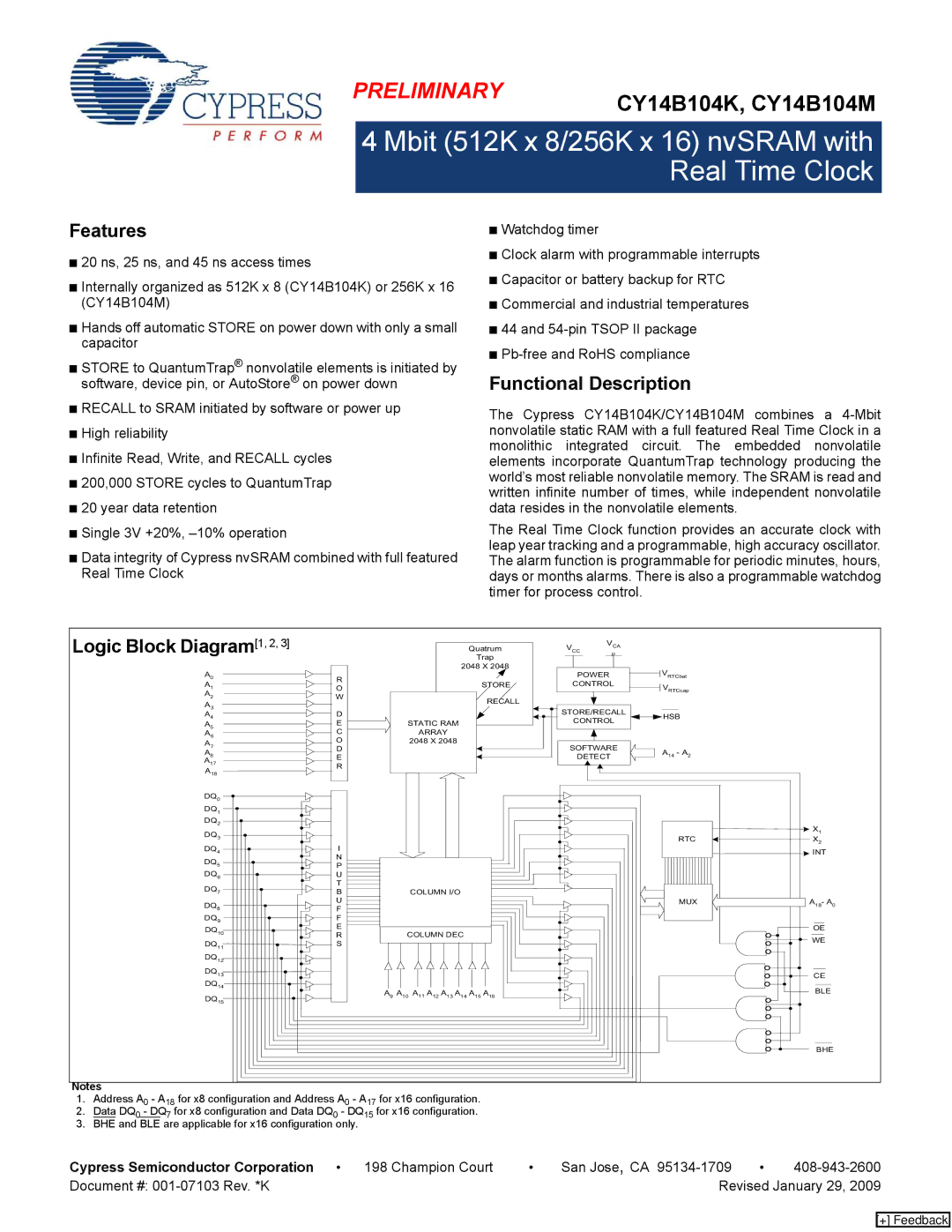 Cypress CY14B104K, CY14B104M manual Features, Functional Description, Cypress Semiconductor Corporation 198 Champion Court 