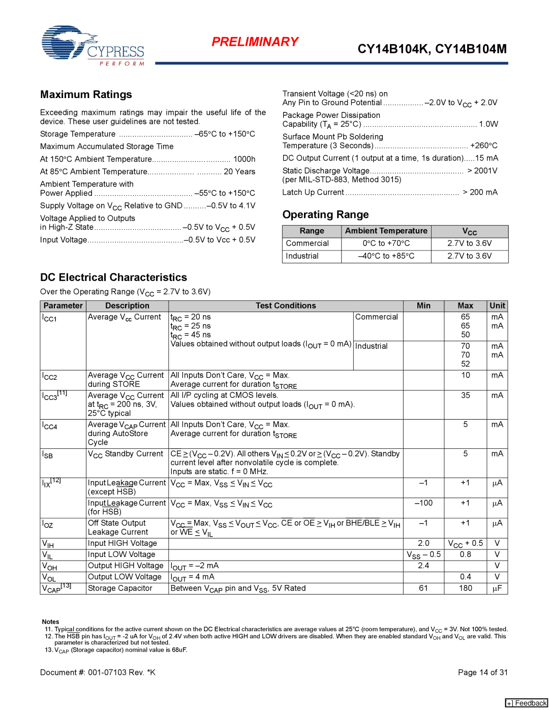 Cypress CY14B104M, CY14B104K Maximum Ratings, Operating Range, DC Electrical Characteristics, Range Ambient Temperature 