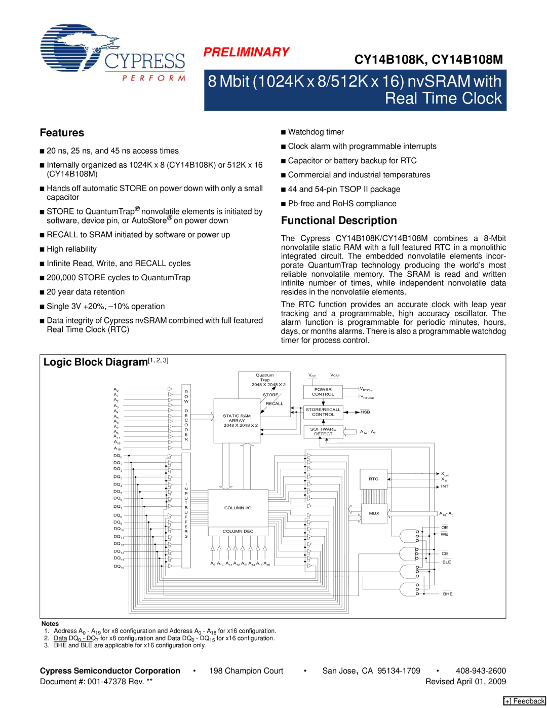 Cypress CY14B108M manual Features, Functional Description, Logic Block Diagram1, 2, Cypress Semiconductor Corporation 