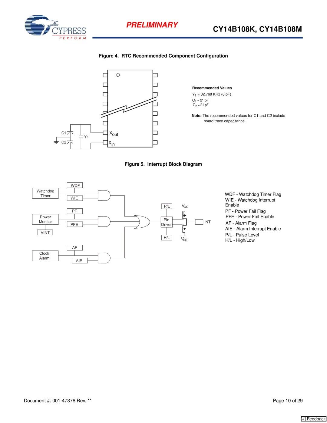 Cypress CY14B108K Xout Xin, WDF Watchdog Timer Flag, WIE Watchdog Interrupt, PF Power Fail Flag, PFE Power Fail Enable 